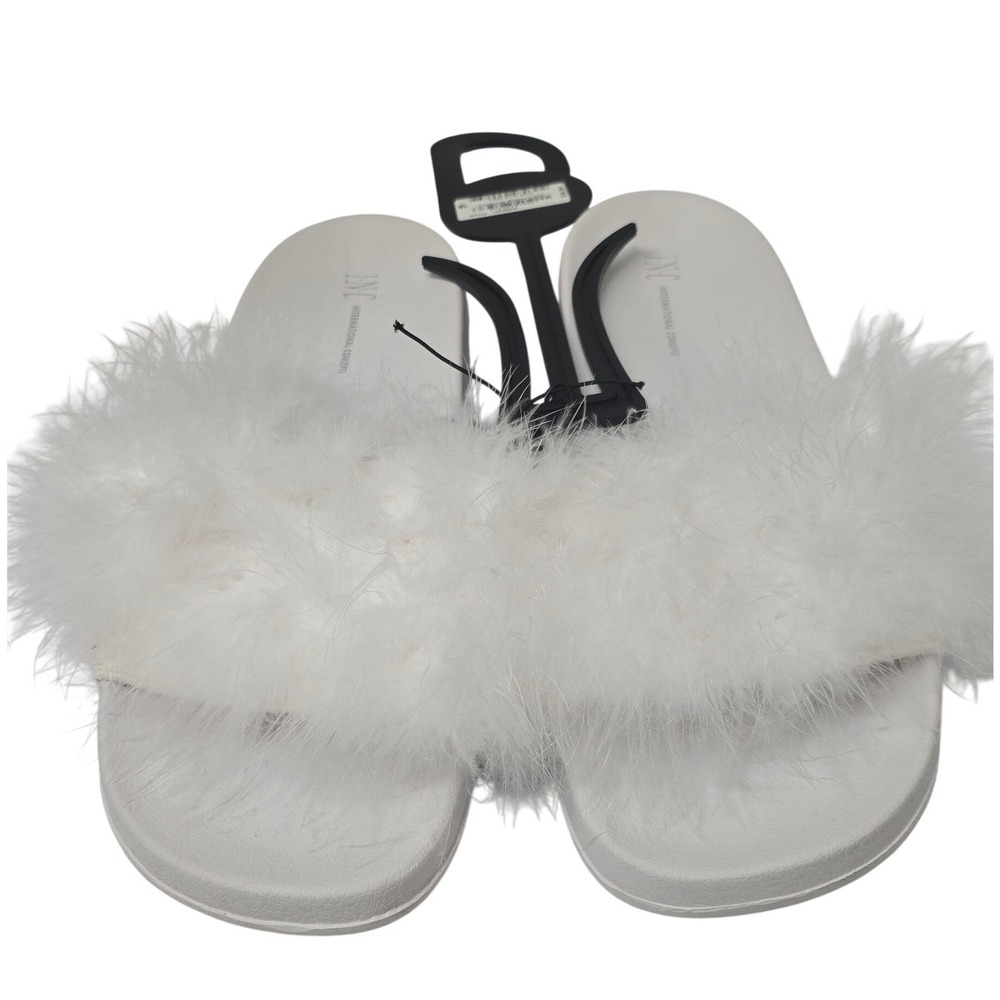 INC International Concepts White Faux Feather Slide Sandals XL 11/12 NWT